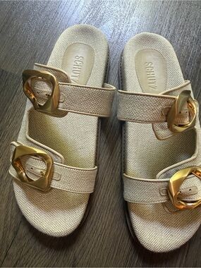 SCHUTZ Olga sporty linen beige Sandals with Gold Buckles size 9.5